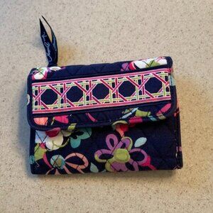 Vera Bradley Small Trifold Wallet Coin Purse Navy Blue Floral RIBBONS Snap EUC